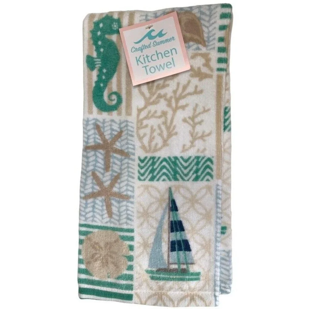 Seahorse Sailboat Dish Towel Oven Mitt Potholder Set of 3 Beach Summer House